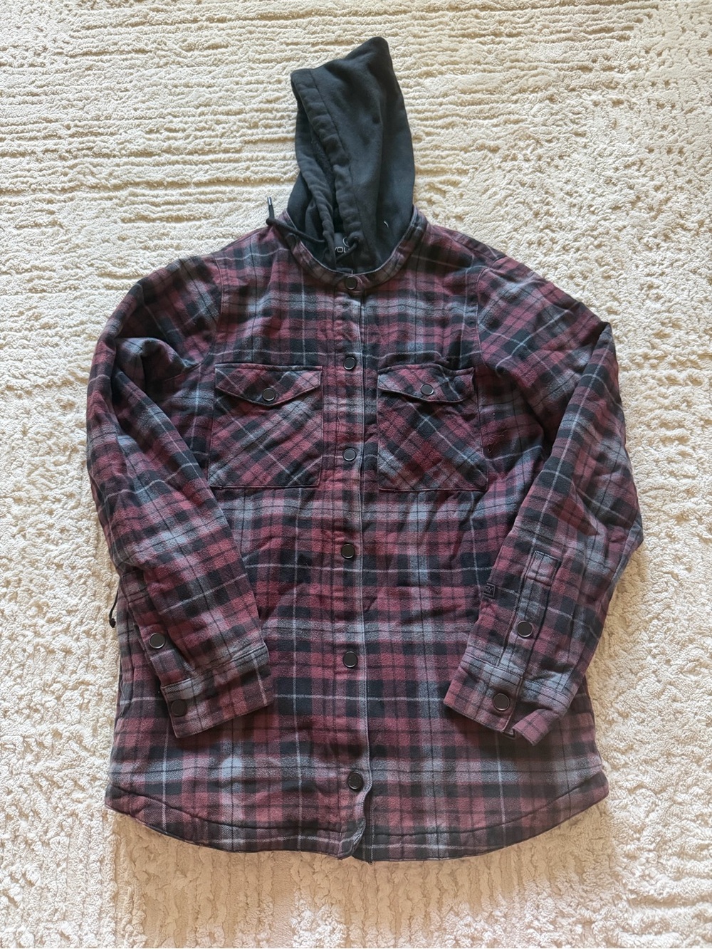 Volcom Plaid Hooded Button-Up Jacket in Burgundy and Black